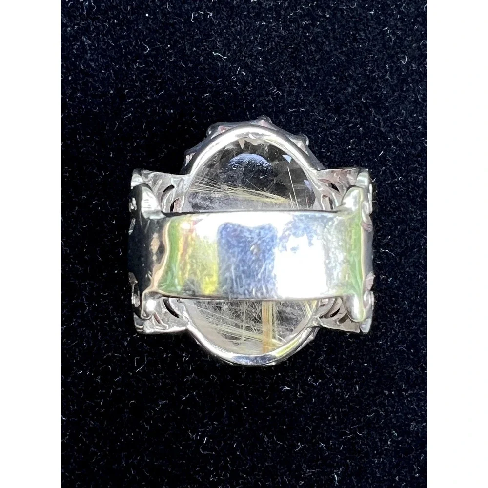 925 Sterling Silver Rutilated Quartz Vintage Filigree Crown Statement Ring